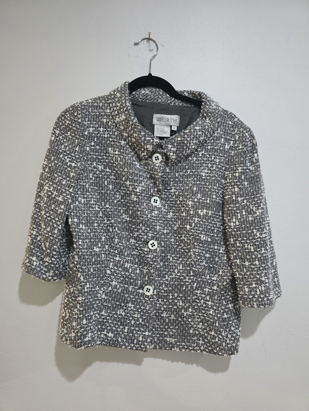 Worth Black & White Textured Tweed 3/4 Sleeve Button-Front Jacket Blazer Size 10